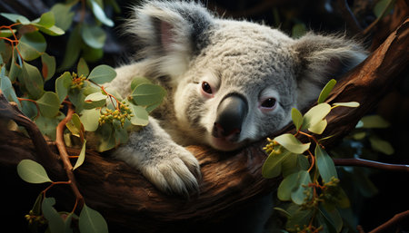 Cute koala, marsupial mammal, sitting on eucalyptus tree branch, looking generated by artificial intelligenceの素材