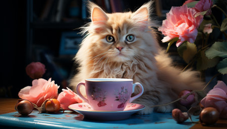 Cute kitten sitting on table, drinking coffee, surrounded by nature generated by artificial intelligenceの素材