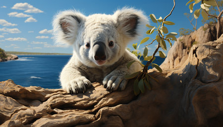 Cute koala, young marsupial, endangered species, looking at camera generated by artificial intelligenceの素材