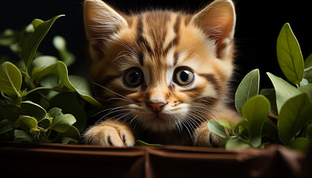 Cute kitten, small feline, playful, staring, green grass, fluffy fur generated by artificial intelligenceの素材