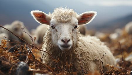 Cute lamb grazing on green meadow, fluffy wool in focus generated by artificial intelligenceの素材