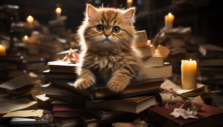Cute kitten sitting, reading book, illuminated by candle flame generated by artificial intelligenceの素材
