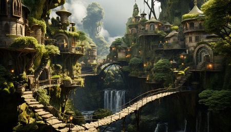 Night illuminates ancient architecture, revealing the spirituality and mystery within generated by artificial intelligenceの素材