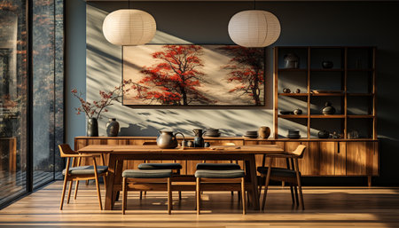 Comfortable, modern chair illuminates elegant dining room with bright lighting generated by artificial intelligenceの素材