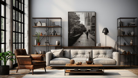 Modern domestic room indoors, sofa, living room, home interior, flooring, apartment, architecture, lifestyles generated by artificial intelligenceの素材