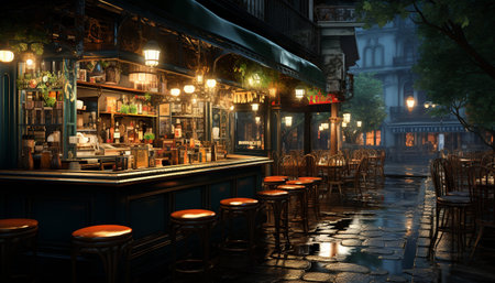 Nightclub, illuminated cityscape, modern architecture, wooden bar, drink establishment generated by artificial intelligenceの素材