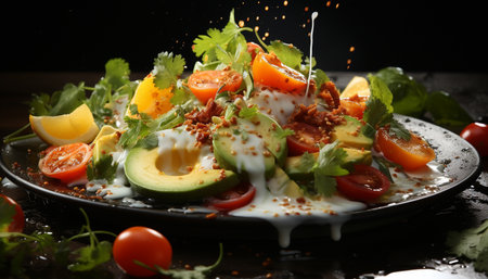 Freshness on a plate gourmet salad, healthy vegetarian meal generated by artificial intelligenceの素材