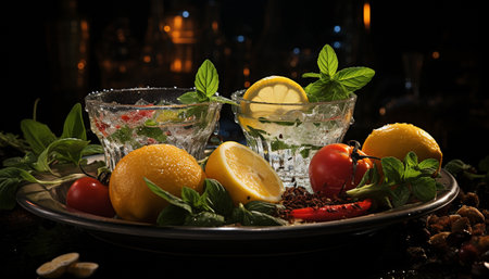 Freshness of lemon fruit, mint leaf, and citrus in culinary generated by artificial intelligenceの素材