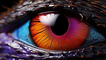 Staring animal eye watching nature vibrant colors in macro reflection generated by artificial intelligenceの素材