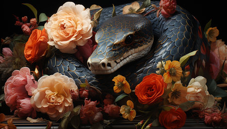 Colorful snake slithers through autumn leaves, a fantasy wallpaper creation generated by artificial intelligenceの素材