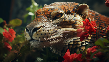 Majestic feline hiding in the grass, elegance in nature beauty generated by artificial intelligenceの素材