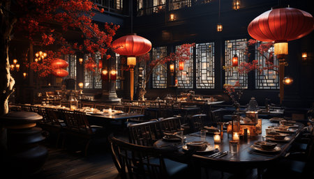 A luxurious bar, illuminated by lanterns, exudes modern elegance generated by artificial intelligenceの素材