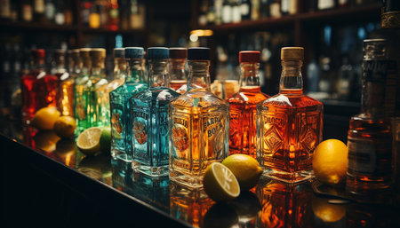 Nightclub collection of whiskey bottles reflects the freshness of the bar generated by artificial intelligenceの素材