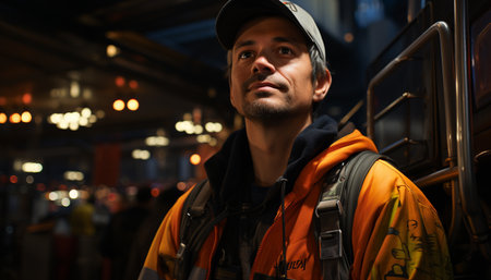 Confident man, backpack, night, city, transportation, working, smiling, casual clothing generated by artificial intelligenceの素材