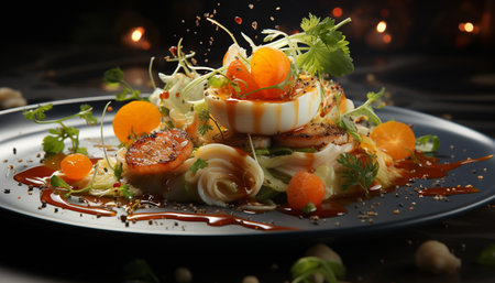 Freshness on a plate gourmet salad, grilled seafood, healthy eating generated by artificial intelligenceの素材