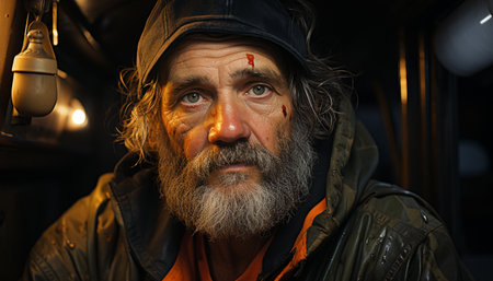 Confident mature man with gray hair, looking at camera indoors generated by artificial intelligenceの素材