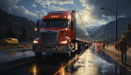 Transportation industry delivering freight, trucks speeding on multiple lane highways generated by artificial intelligenceの素材