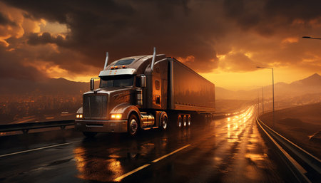 Truck delivering freight, speeding on multiple lane highway at dusk generated by artificial intelligenceの素材