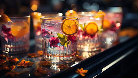 Refreshing cocktail on a wooden table, perfect for summer relaxation generated by artificial intelligenceの素材