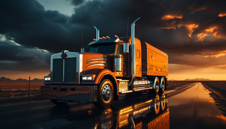 Truck delivering freight, driving on multiple lane highway at dusk generated by artificial intelligenceの素材