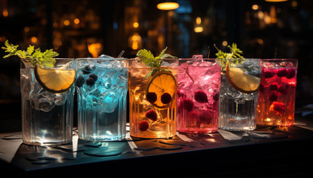 Cocktail drink, alcohol night, ice liquid, bar, lemon celebration generated by artificial intelligenceの素材