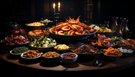 Grilled seafood, meat, and vegetables on a healthy eating plate generated by artificial intelligenceの素材