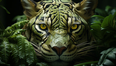 Majestic Bengal tiger, fierce and beautiful, hiding in tropical rainforest generated by artificial intelligenceの素材