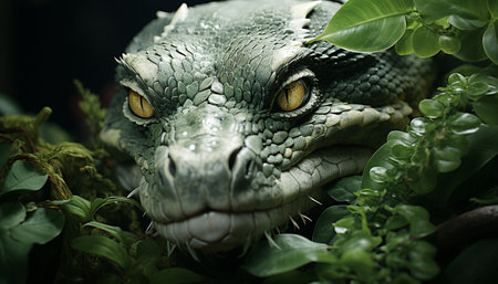 Spooky viper in tropical rainforest, danger lurks in the green generated by artificial intelligenceの素材