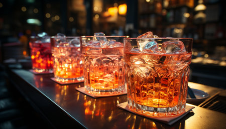 Nightclub bar counter, illuminated with luxury, pouring refreshing cocktails generated by artificial intelligenceの素材