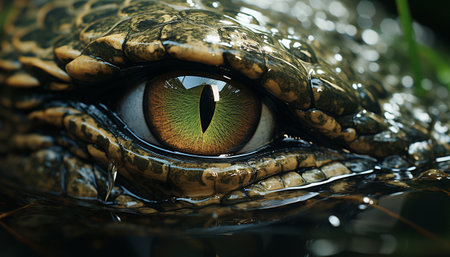 Green crocodile staring, reflecting danger in its animal markings generated by artificial intelligenceの素材