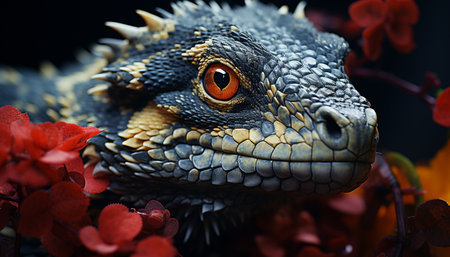 Green iguana on a branch, scales and eyes in focus generated by artificial intelligenceの素材