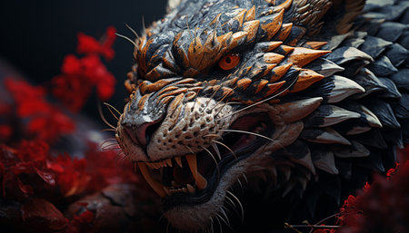 Furious lion, fierce gaze, powerful fangs, untamed strength, majestic creature generated by artificial intelligenceの素材
