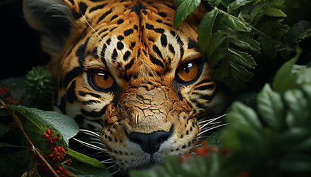 Majestic tiger hiding in the forest, staring with captivating animal eye generated by artificial intelligenceの素材