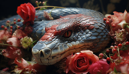 Snake slithers through nature, a venomous viper in the wild generated by artificial intelligenceの素材