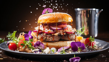 Grilled gourmet burger with cheese, tomato, onion on sesame bun generated by artificial intelligenceの素材