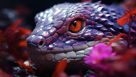 Spooky viper, a dangerous reptile, slithers through the tropical forest generated by artificial intelligenceの素材