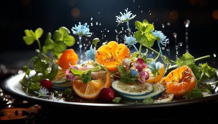 Freshness of nature bounty on a plate, a healthy gourmet salad generated by artificial intelligenceの素材