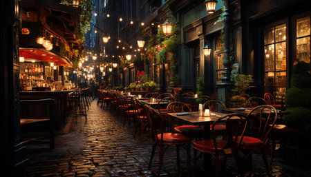 Nighttime city life illuminated by street lights and modern architecture generated by artificial intelligenceの素材