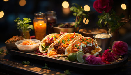 Freshness and spice on a plate, grilled meat and guacamole generated by artificial intelligenceの素材