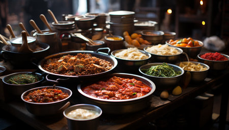 A variety of grilled meats and seafood on a rustic plate generated by artificial intelligenceの素材