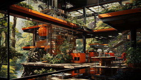 Freshness and nature inside a modern coffee shop with green plants generated by artificial intelligenceの素材