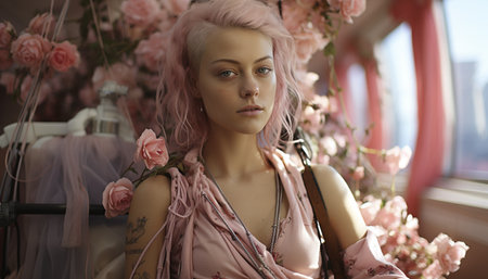 Beautiful woman, elegance, fashion model, blond hair, smiling, sensuality, nature, femininity, relaxation, happiness generated by artificial intelligenceの素材