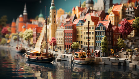 Vibrant cityscape reflects history and culture through illuminated architecture generated by artificial intelligenceの素材