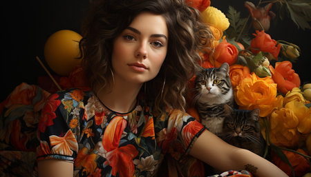 A beautiful young woman with a cute cat, smiling at camera generated by artificial intelligenceの素材