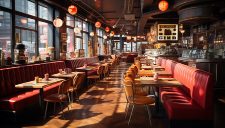 Modern bar, illuminated nightclub, comfortable seating, elegant decor, city nightlife generated by artificial intelligenceの素材