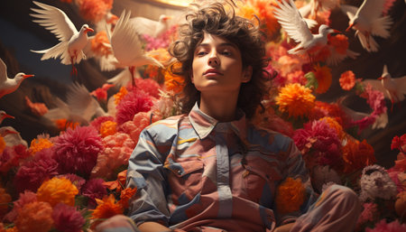 A beautiful young woman sitting, smiling, surrounded by autumn leaves generated by artificial intelligenceの素材