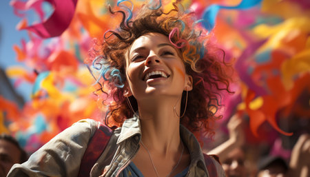 Smiling women radiate happiness, enjoying carefree leisure with toothy smiles generated by artificial intelligenceの素材