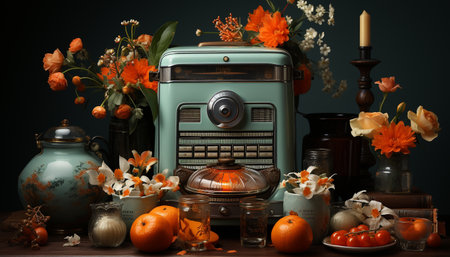 Still life vase, pumpkin, table, decoration, autumn, Halloween, heat, leaf, freshness, lantern generated by artificial intelligenceの素材