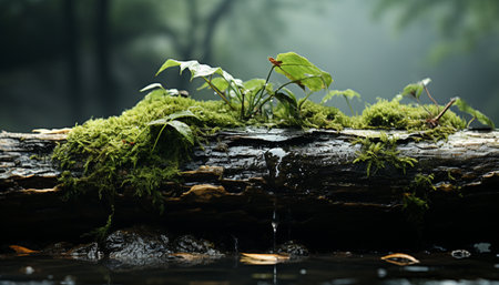 Tranquil scene green forest, wet leaves, fresh plant growth, peaceful water generated by artificial intelligenceの素材