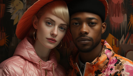 Young women and men in fashionable clothing looking at camera generated by artificial intelligenceの素材